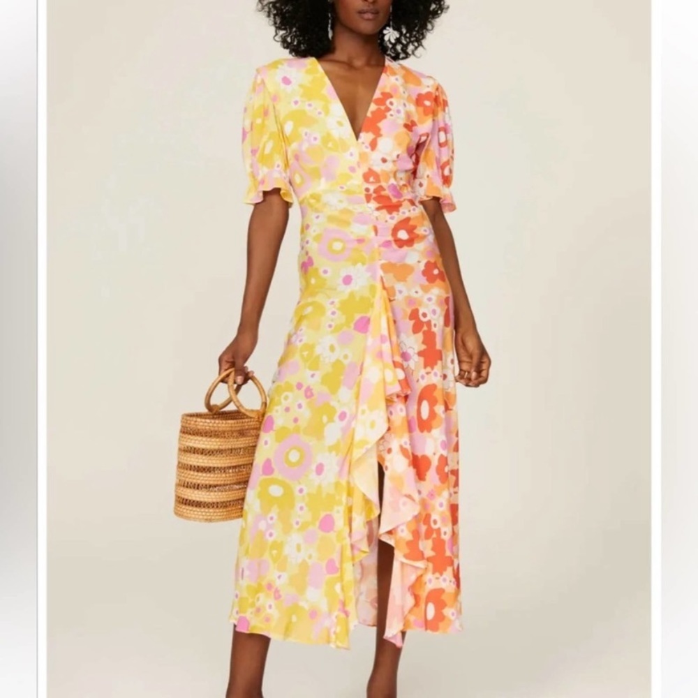 Rixo Ariel Floral Print Midi Dress Harrods yellow orange purple